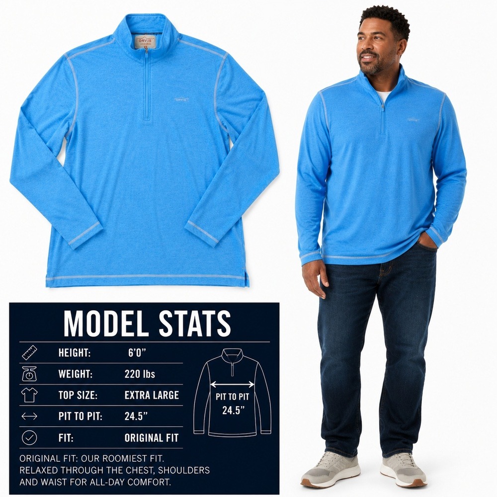 Orvis Trout Bum Mens XL Blue Quarter Zip Pullover Original Fit Heathered Top